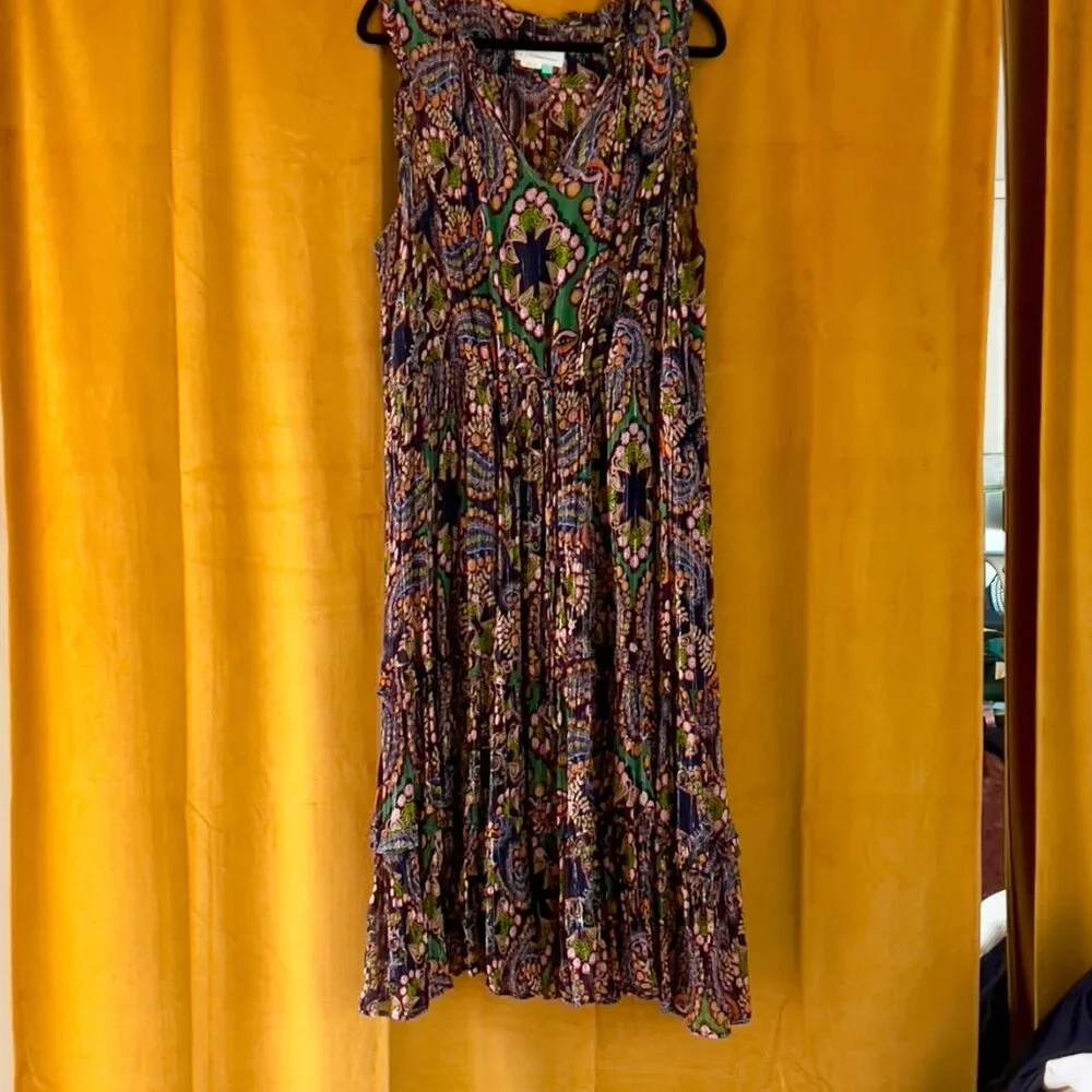 Anthropologie Green Paisley Midi Dress with Navy & Pink Accents